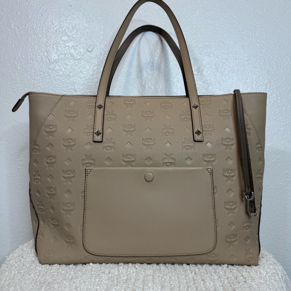 MCM Beige/Tan Logo Embossed Leather Tote - Picture 8 of 14